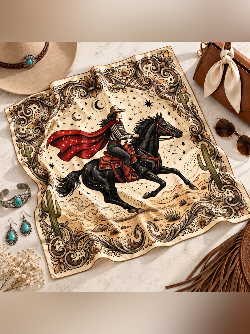 Western Cowboy Horse Celestial Wild Rag Square Scarf Bandana 27.6” Cowgirl NEW